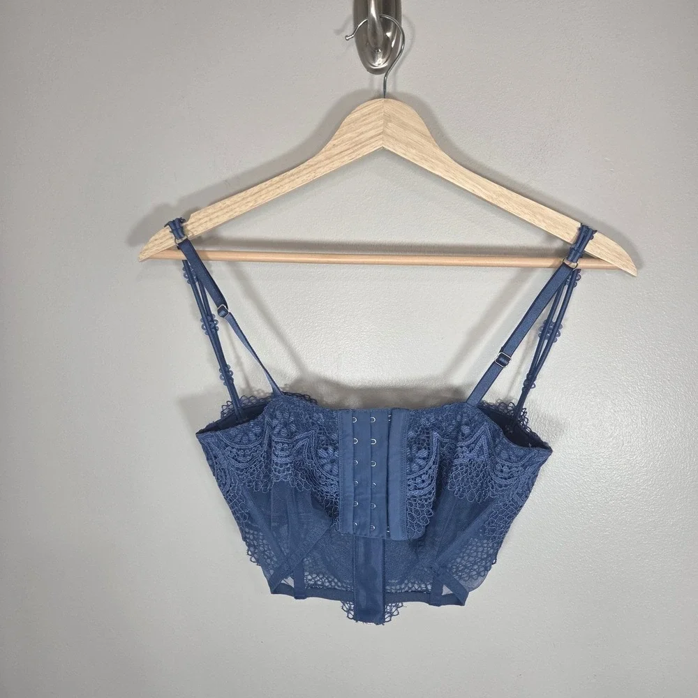 Victoria's Secret Very Sexy Bustier 32C Blue Lace Corset Zip Front Crop Top